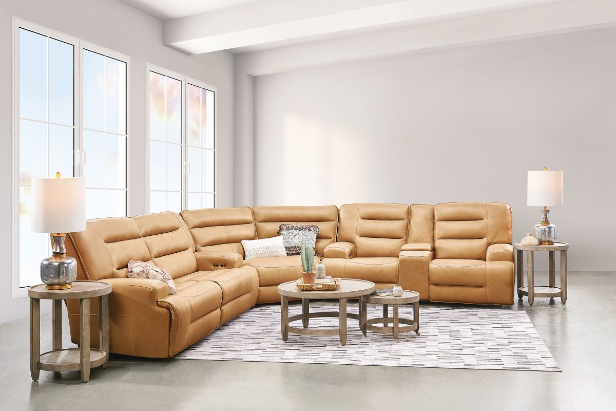 MW Home's light brown leather sectional couch with power