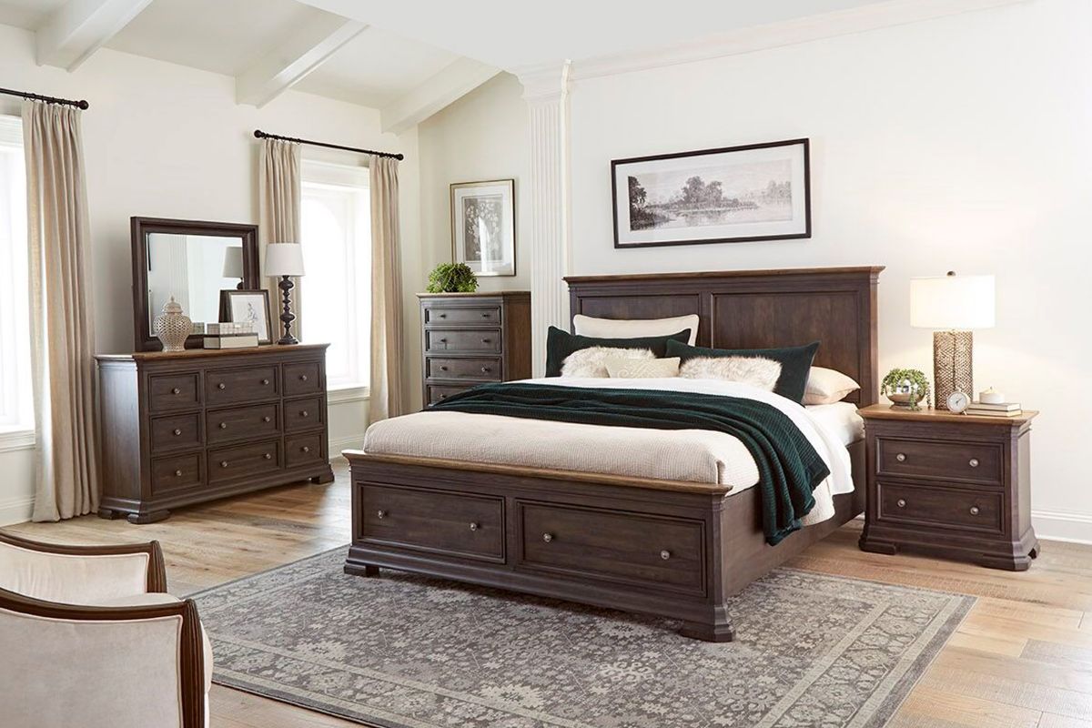 A five-piece wooden bedroom furniture set in dark brown from Napa Furniture Design