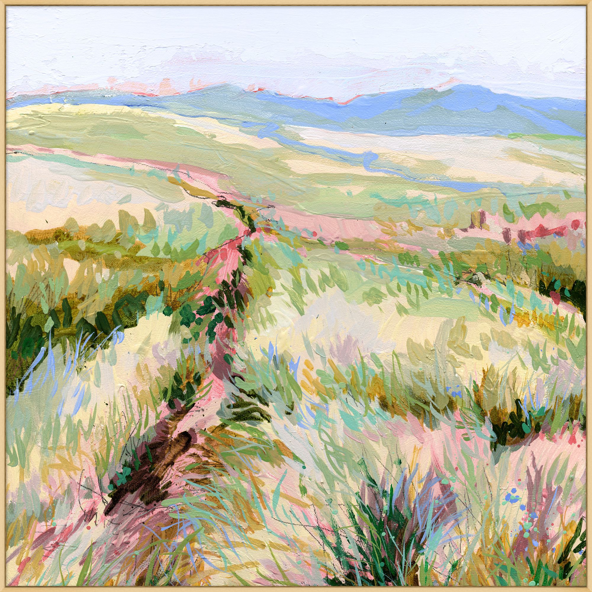 An oil painting of a pasture titled 'Pink Pasture, available from Wendover.