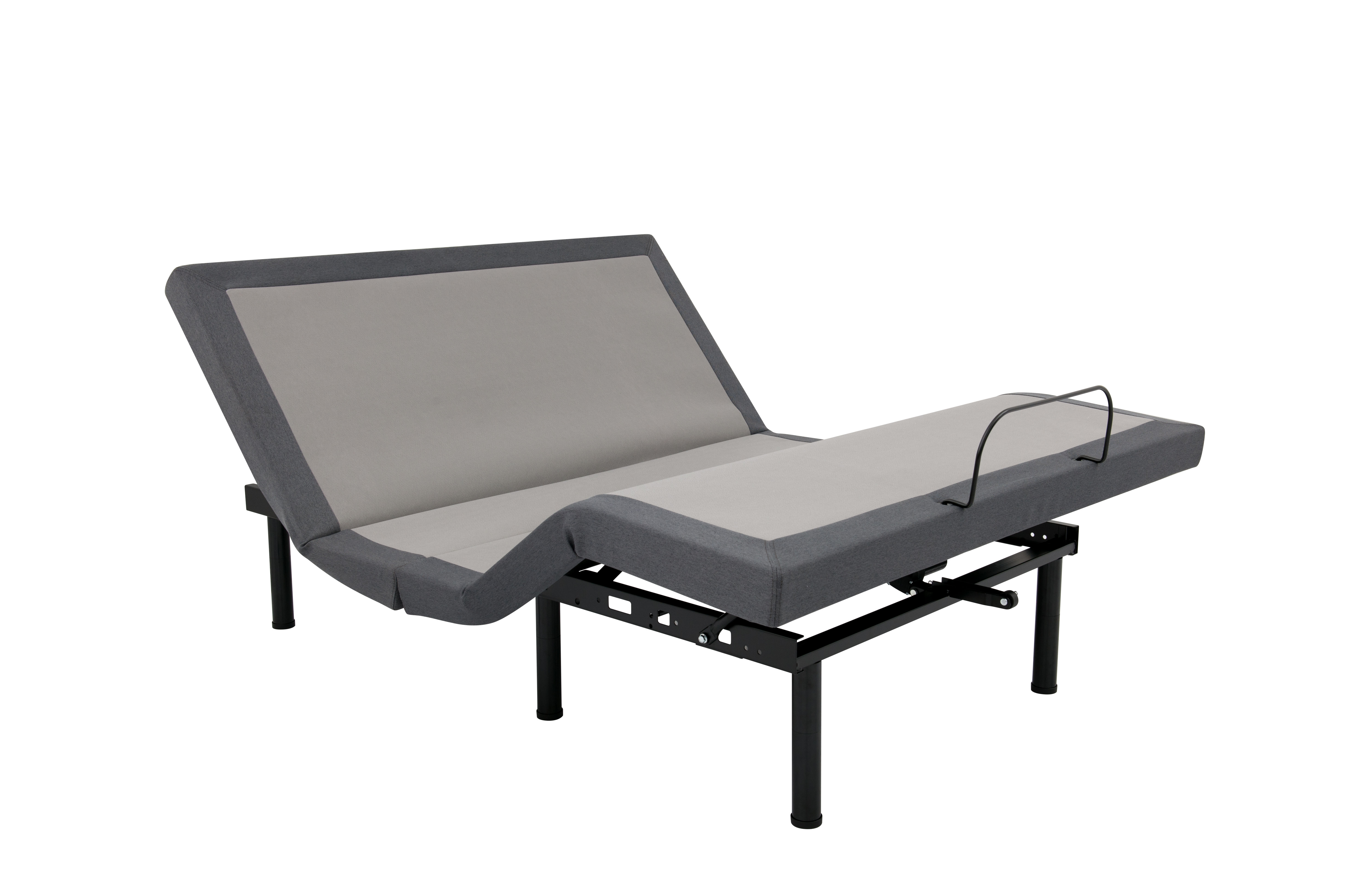 A queen size adjustable bed with the head and foot portions raised.